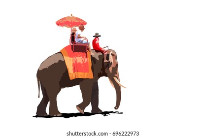 Mahout With Elephant For Tourists On An Ride Tour Of The Ancient City.Vector,Illustration