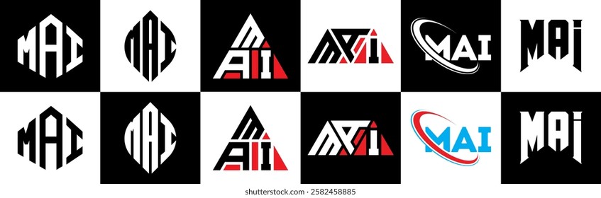 MAI letter logo design in six style. MAI polygon, circle, triangle, hexagon, flat and simple style with black and white color variation letter logo set in one artboard. MAI minimalist and classic logo