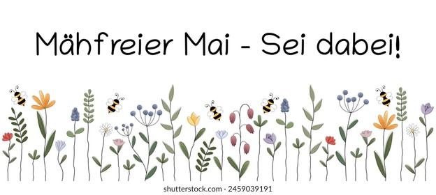 Mähfreier Mai - Sei dabei - text in German language - No Mow May - Be there. Banner with bees and a colorful flower meadow.