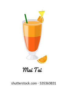 Mai Tai alcoholic cocktail with garnish in cartoon style isolated on white background.