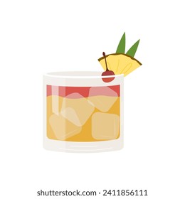 Mai Tai Cocktail garnish with pineapple slice and cherry. Classic alcoholic beverage. Summer aperitif. Alcoholic drink. Vector illustration isolated on white background.