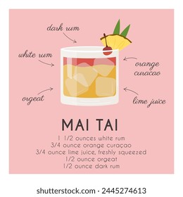 Mai Tai Cocktail garnish with pineapple slice and cherry. Classic alcoholic beverage recipe with ingredients. Summer aperitif square poster. Minimalist banner with alcoholic drink. Vector illustration