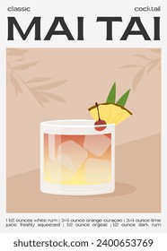 Mai Tai Cocktail garnished with pineapple slice and cherry. Classic alcoholic beverage recipe. Summer aperitif poster. Minimalist trendy print with alcoholic drink. Vector flat illustration.