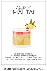 Mai Tai Cocktail garnished with pineapple slice and cherry. Classic alcoholic beverage recipe. Summer aperitif poster. Minimalist trendy print with alcoholic drink. Vector flat illustration.