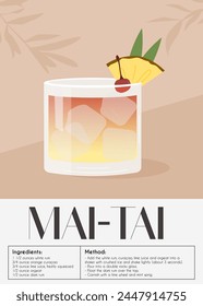 Cóctel Mai Tai adornado con rodaja de piña y cereza. Receta clásica de bebida alcohólica. Cartel de aperitivo de verano. Estampado minimalista con bebida alcohólica. Ilustración plana de Vector.