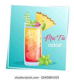 Coquetel Mai tai em um copo, fatia de abacaxi, hortelã, cereja em um fundo azul. O conceito de festa, bar de coquetéis, verão. Ilustração vetorial isolada para design de menu, cartazes, banners, capas