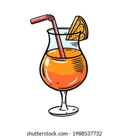 Mai Tai cocktail. Hand drawn line art style. Colorful cartoon vector illustration. Isolated on white background.