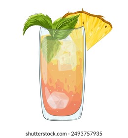 Mai Tai cocktail. Hand drawn cartoon illustration. Vector glass with colourful beverage, pineapple, ice cubes and peppermint. Mocktail. Isolated print on white background.