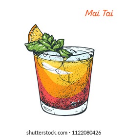 Mai Tai cocktail illustration. Alcoholic cocktails hand drawn vector illustration. 