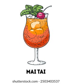 Mai Tai cocktail illustration. Hand drawn sketch. Vector illustration. Isolated object.