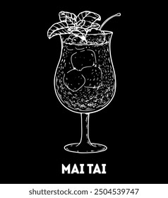 Mai Tai cocktail illustration. Hand drawn sketch. Vector illustration. Isolated object.