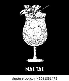 Mai Tai cocktail illustration. Hand drawn sketch. Vector illustration. Isolated object.