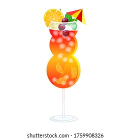 Mai Tai cocktail isolated on white background. Mai Tai Day. Glass with tropical alcohol beverage, lime, cherry, mint leaf , ice and umbrella. Colorful summer drink icon. Longdrink. Stock vector