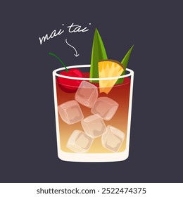 Mai Tai Cocktail einzeln auf schwarzem Hintergrund. Vektorgrafik von klassischem Alkoholgetränk in Kurzglas