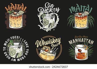 Mai Tai cocktail and Manhattan cocktail vector set with slice of pineapple and cherry for cocktail bar or summer party. Whiskey sour, Mojito or Gin rickey alcohol cocktail for drink party. Tee print.