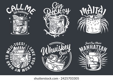 Mai Tai cocktail and Manhattan cocktail vector set with slice of pineapple and cherry for cocktail bar or summer party. Whiskey sour, Mojito or Gin rickey alcohol cocktail for drink party. Tee print.