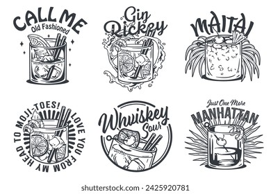 Mai Tai cocktail and Manhattan cocktail vector set with slice of pineapple and cherry for cocktail bar or summer party. Whiskey sour, Mojito or Gin rickey alcohol cocktail for drink party. Tee print.