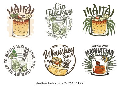 Mai Tai cocktail and Manhattan cocktail vector set with slice of pineapple and cherry for cocktail bar or summer party. Whiskey sour, Mojito or Gin rickey alcohol cocktail for drink party. Tee print.