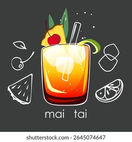 Coquetel Mai Tai em um fundo escuro. Coquetel alcoólico clássico baseado em rum, licor, cal, decorado com abacaxi, raspa de limão, cereja. Ilustração vetorial.