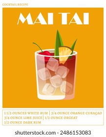 Mai tai cocktail on the orange background. Vector illustration of summer refreshing drink. Tropical cocktail recipe poster