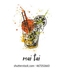 Mai tai cocktail on the watercolor splash. Hand drawn vector illustration. Can be used for menu, cafe, restaurant or bar.