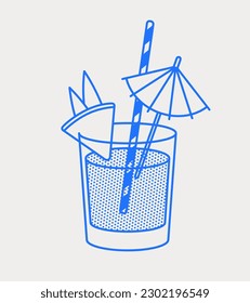 Mai tai cocktail with a pineapple wedge, traw, and umbrella. Line art, retro. Vector illustration for bars, cafes, and restaurants.