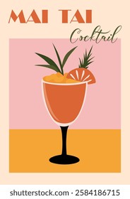 Mai Tai cocktail retro style poster with exotic red pink alcohol drink in glass garnished with orange wheel and green leaves. Colorful flat vector illustration