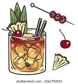 Mai Tai cocktail with slice of orange and cherry for design of bar menu. Hawaiian alcochol exotic cocktail with rum and ice for beash party