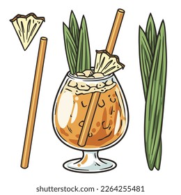 Mai Tai cocktail with slice of pineapple for design of bar menu. Hawaiian alcochol exotic cocktail with rum and leaf pineapple for beash party