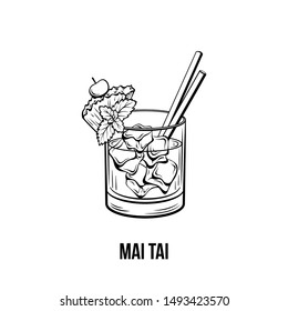 Mai Tai cocktail vector illustration. Monochrome alcoholic cocktail, strong drink with pineapple and cherry ink drawing. Tropical beverage with ice and two straws. Bar menu, poster design element