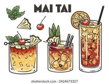 Mai Tai cocktail vector set with slice of pineapple and cherry for cocktail bar or drink summer party. Exotic cocktail with tequila for beach bar and cafe menu.