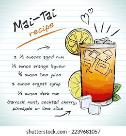 Mai Tai cocktail, vector sketch hand drawn illustration, fresh summer alcoholic drink with recipe and fruits