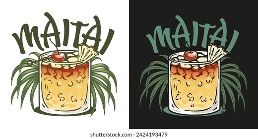 Mai Tai cocktail vector with slice of pineapple and cherry for cocktail bar or drink summer party. Exotic cocktail with tequila for beach bar and cafe menu.