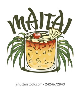 Mai Tai cocktail vector with slice of pineapple and cherry for cocktail bar or drink summer party. Exotic cocktail with tequila for beach bar and cafe menu.