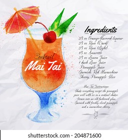 Mai Tai cocktails drawn watercolor blots and stains with a spray, including recipes and ingredients on the background of crumpled paper