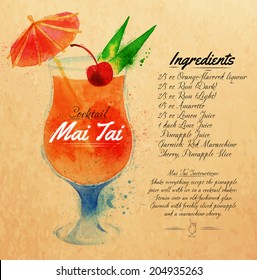 Mai Tai cocktails drawn watercolor blots and stains with a spray, including recipes and ingredients on the background of kraft