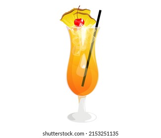 Mai Tai cocktail.Summer refreshing drink with pineapple slices, cherries and ice cubes.Vector illustration on a white background.