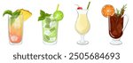 Mai tai, mojito, pina colada, gluhwein cocktail glass with alcohol drink. Cartoon vector wineglasses illustration set. Mocktails alcohol-free party. Tableware for restaurant. Transparent glasses.