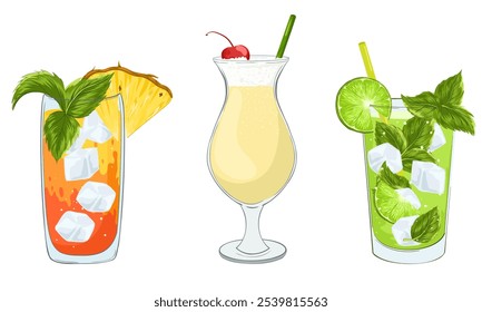 Mai tai, mojito, pinacolada cocktail glass with alcoholic drink. Cartoon vector wineglasses illustration set. Mocktails alcohol-free party. Tableware for restaurant.