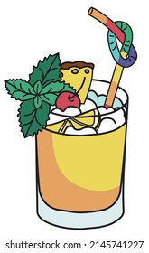 Mai tai Tiki cocktail with a straw in rainbow LGBT equality flag colors. For gay bar diversity pride party invitations, cards or stickers. Doodle cartoon illustration isolated on white background.