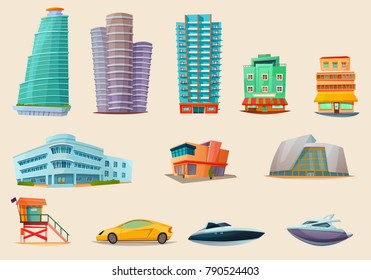 Maiami landmarks and transportation elements retro cartoon icons set with tower buildings car boats isolated vector illustration