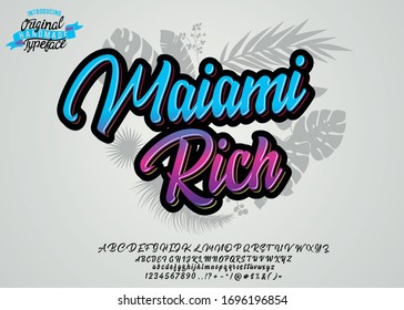 Maiami Rich. Hand made script font. Vacation summer time. Waikiki beach. Vector illustration. Retro typeface and logo. Summer style.