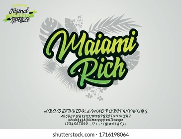 Maiami Rico. Fuente de script hecha a mano. Tiempo de verano de vacaciones. Playa Waikiki. Ilustración vectorial. Tipo y logotipo retro. Estilo veraniego.