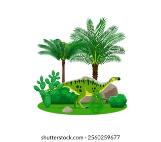 Maiasaura prehistoric dinosaur cartoon character. Vector herbivore theropod dino, ancient Late Cretaceous period reptile in a lush, vibrant tropical landscape with palm trees, green bush, and cacti