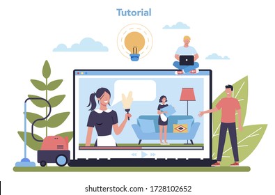 Haushaltshilfe, Wohnungsreinigung Online-Service oder Plattform Set. Frau in einem klassisch einheitlichen Reinigungshaus oder Hotel. Video-Tutorial. Isolierte Vektorgrafik