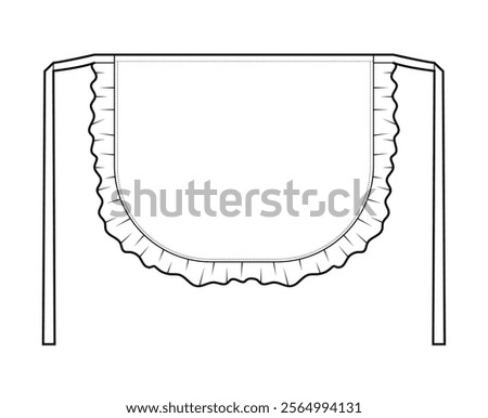 Maid Apron with Ruffles Scalloped technical fashion illustration. Flirty Retro uniform cartoon Flat sketch outline apparel template front view. Women men unisex CAD mockup isolated on white background