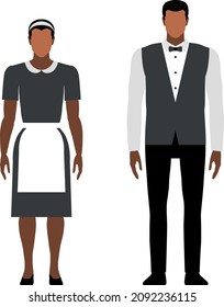 Mujer y mayordomo. Ilustración vectorial plana del personal hotelero afroamericano