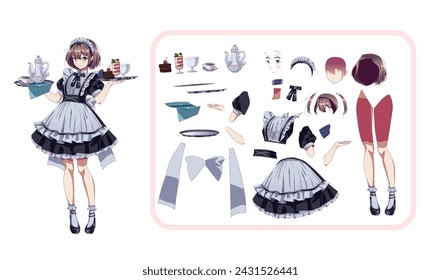 Maid cafe girl color vector character for animation. Pretty anime woman waitress with milkshakes and dress details kit. Japanese manga illustration