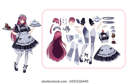 Maid cafe girl color vector character for animation. Pretty anime woman waitress with milkshakes and dress details kit. Japanese manga illustration