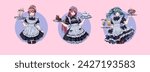 Maid cafe girls in uniforms round vector avatars set. Lovely anime women holding trays with cakes and drinks round logos on pink background